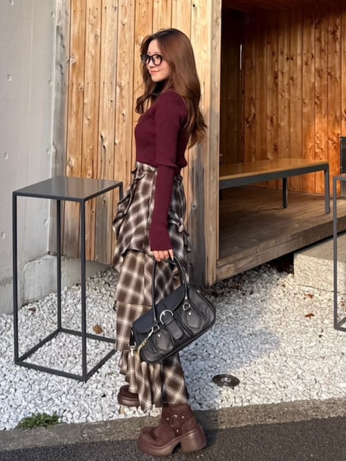 2025AW】マルチチェックラッフルロングハイウエストスカート 秋