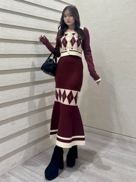 アーガイルバイカラーカーディガンセットニットワンピース 秋服 冬服を