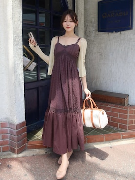 「rienda（リエンダ）のコットンレースティアードキャミワンピース 春服 夏服（ワンピース、ブラウン系）」を使った、riendaofficialさん（レディース・154cm）の夏コーディネート