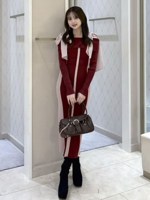 2025AW】バイカラーオフショルリボンニットワンピース 秋服 冬服