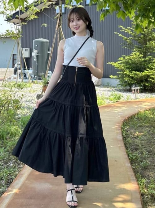 rienda スカート ウエストシャーリングタックデザインフレアスカート（スカート