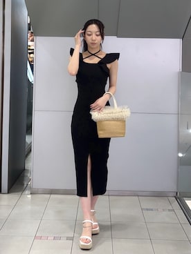 「rienda（リエンダ）のチュールコンビハンドバッグ 春服（ハンドバッグ、ベージュ系）」を使った、riendaofficialさん（レディース・154cm）の夏コーディネート