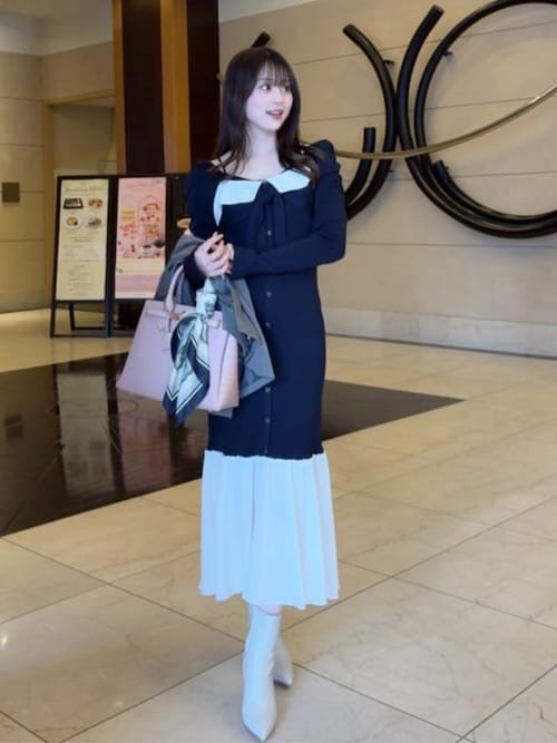 森香澄さん着用】レイヤードフロントリボンマーメイドニットワンピース