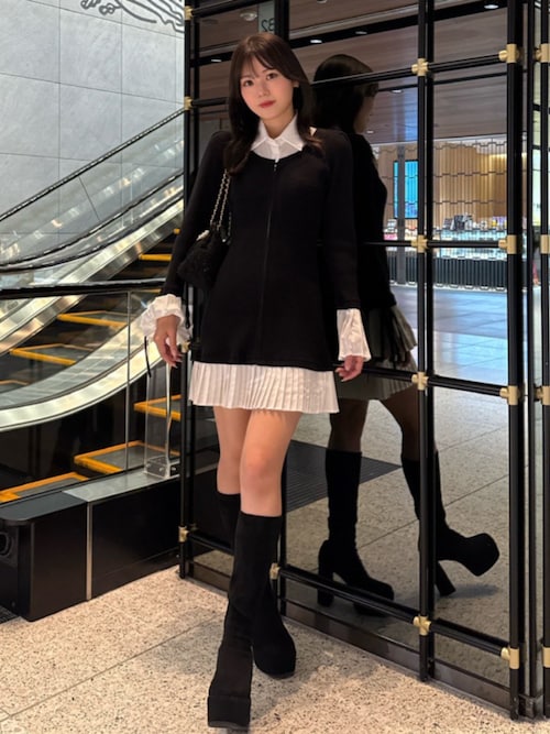 セール】レイヤードパターンシャツニットミニワンピース 秋服 冬服