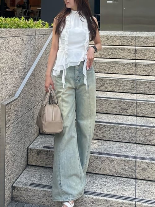 フロントボタンデザインハイウエストデニムパンツ 夏服（デニム