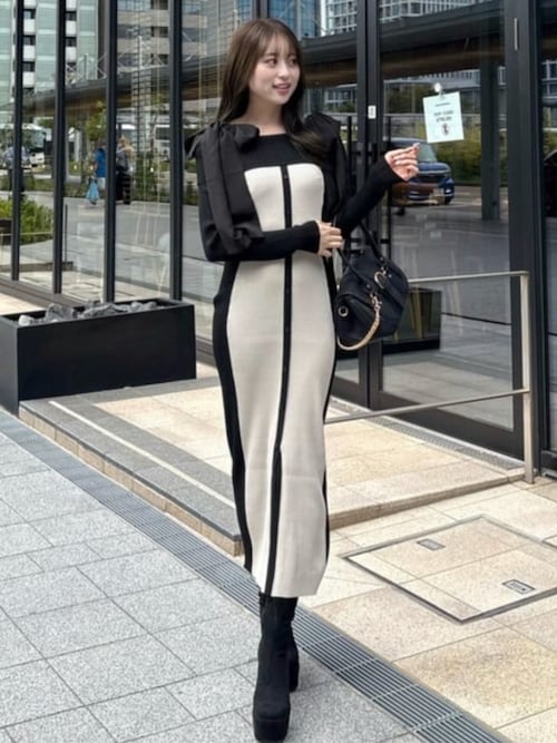 セール】バイカラーオフショルリボンニットワンピース 秋服 冬服