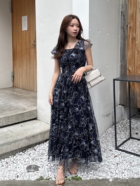 「rienda（リエンダ）の26エンブロイダリーチュールフレアスリーブワンピース　夏服（ワンピース、ブルー系）」を使った、riendaofficialさん（レディース・154cm）の夏コーディネート