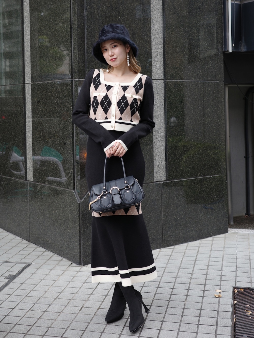 アーガイルバイカラーカーディガンセットニットワンピース 秋服 冬服を