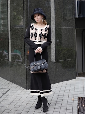 アーガイルバイカラーカーディガンセットニットワンピース 秋服 冬服を