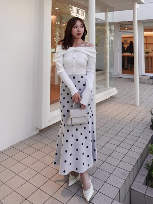 セール】リボンデザインドットニットワンピース 春服（ワンピース