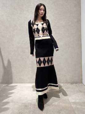 アーガイルバイカラーカーディガンセットニットワンピース 秋服 冬服を