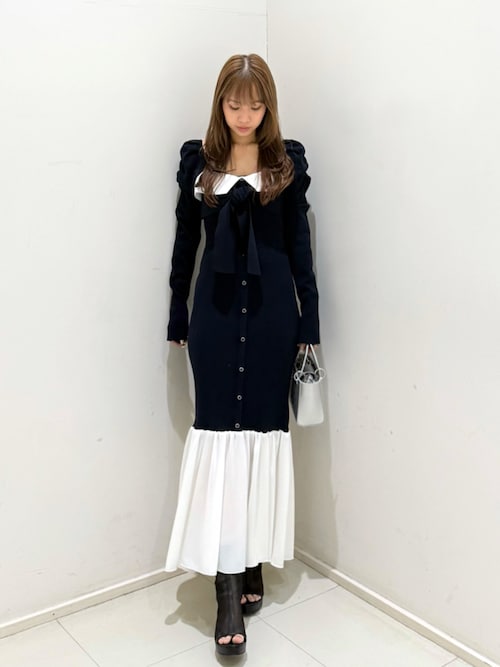 森香澄さん着用】レイヤードフロントリボンマーメイドニットワンピース