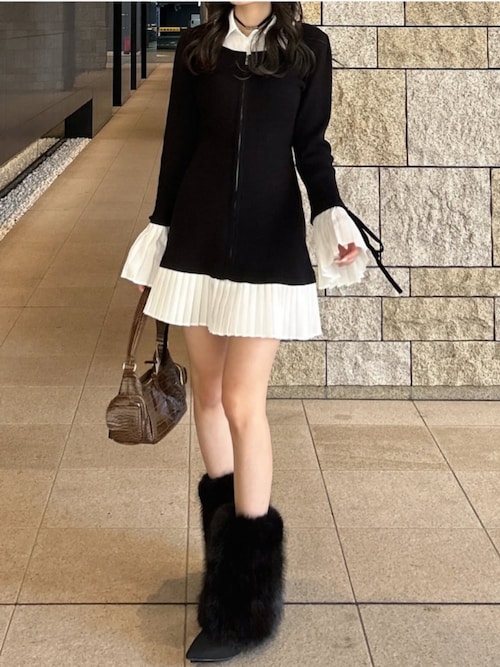 レイヤードパターンシャツニットミニワンピース 秋服 冬服（ワンピース