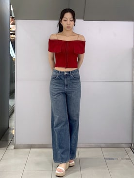 「rienda（リエンダ）の2WAYデニムワイドパンツ 春服 夏服（デニムパンツ、ブルー系）」を使った、riendaofficialさん（レディース・154cm）の夏コーディネート