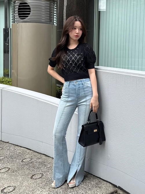 レースアップハイウエストデニムパンツ 春服（デニムパンツ）｜rienda
