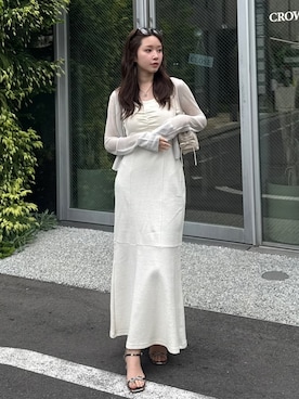 「rienda（リエンダ）のビジューボタンシアーカーディガン 夏服（カーディガン/ボレロ、ホワイト系）」を使った、riendaofficialさん（レディース・154cm）の夏コーディネート