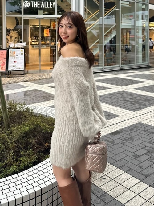 セール】オフショルシャギーミニニットワンピース 秋服 冬服