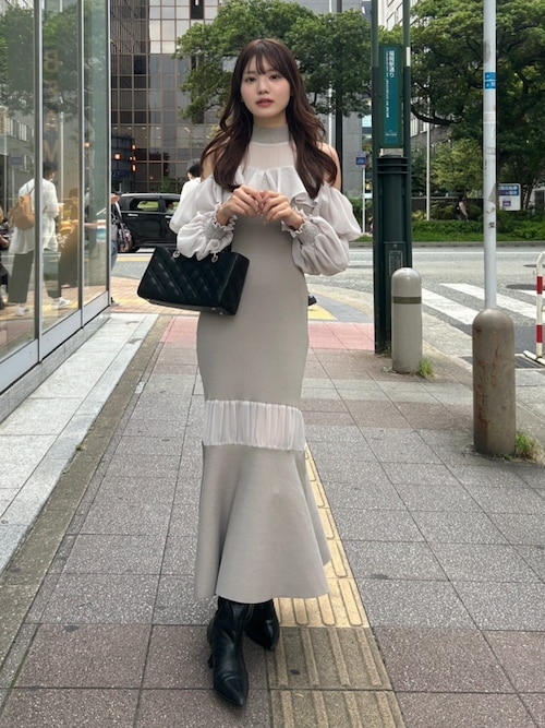 rienda ワンピース バストフリルシフォンドッキングニットワンピース 
