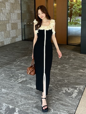 「rienda（リエンダ）のウェッジソールサンダル 春服 夏服（サンダル、ブラック系）」を使った、riendaofficialさん（レディース・154cm）の夏コーディネート