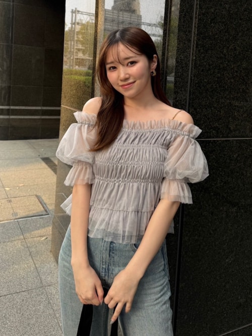 ブラウス シャツ 「AKB48 水島美結さん着用」シアーオフショルショートスリーブブラウス 夏服 シアートップス レディース rienda｜【AKB48 水島美結さん着用】シアーオフショルショート