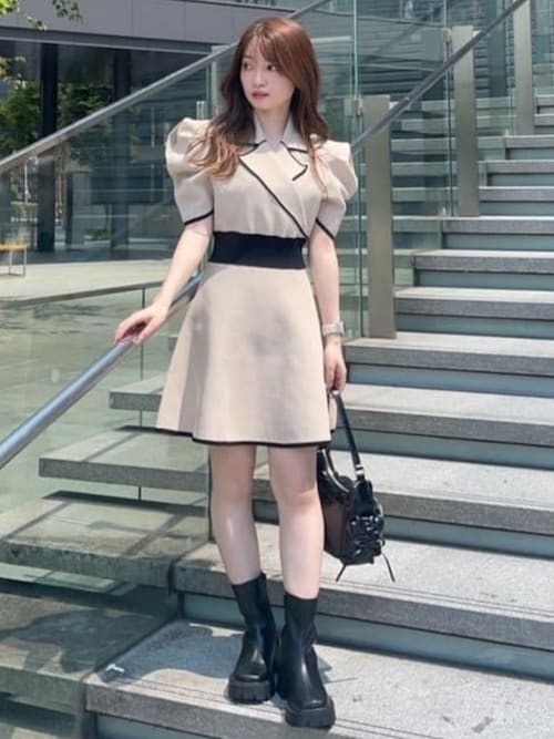 テーラードカラーミニフレアニットワンピース 半袖 夏服 サマー