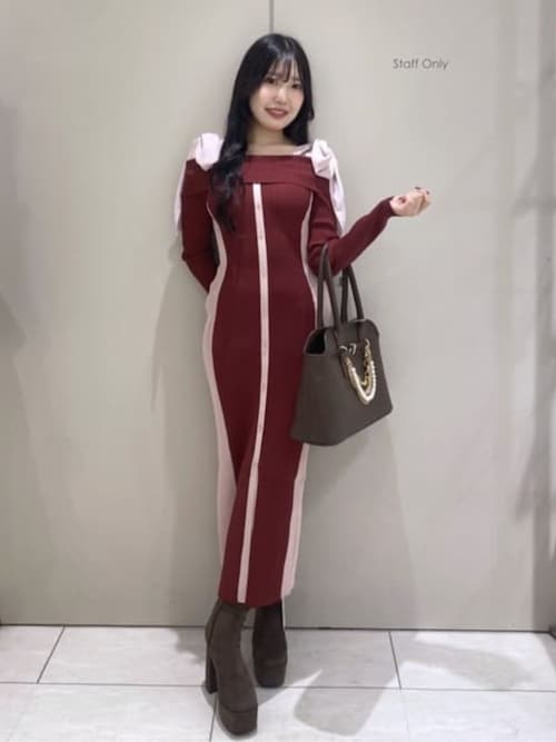 セール】バイカラーオフショルリボンニットワンピース 秋服 冬服