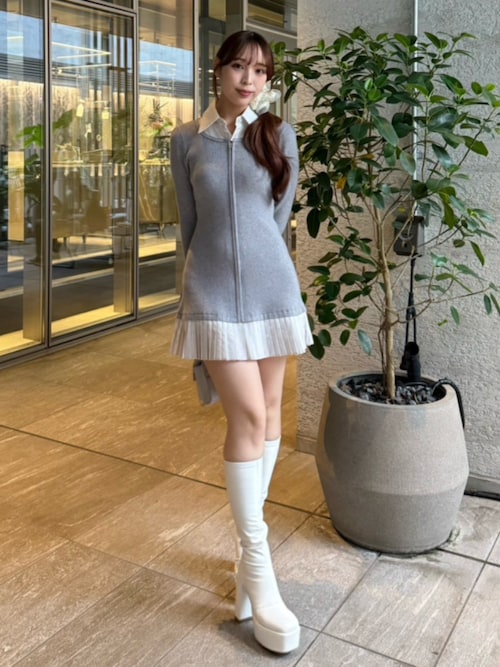 レイヤードパターンシャツニットミニワンピース 秋服 冬服（ワンピース