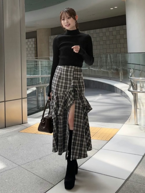 rienda スカート 「2025AW」チェックフリルスリットスコート