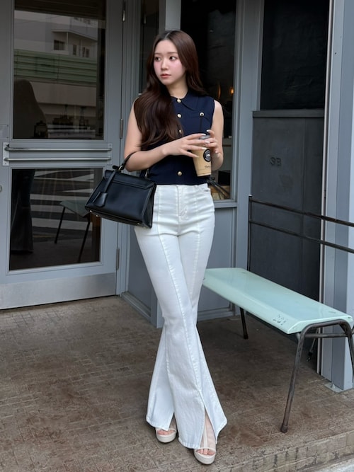 レースアップハイウエストデニムパンツ 春服（デニムパンツ）｜rienda