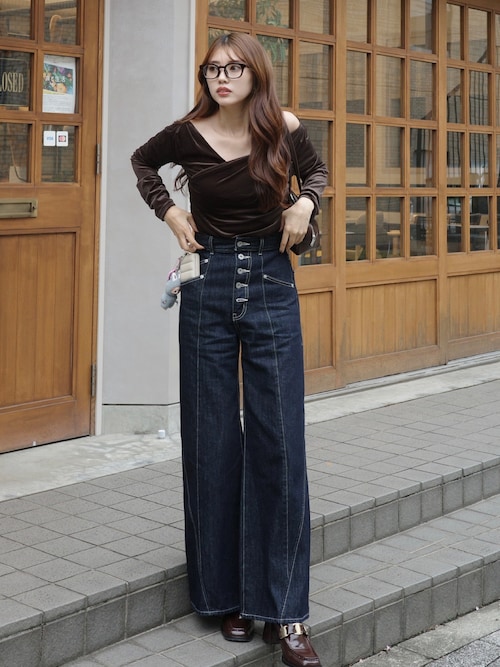 フロントボタンデザインハイウエストデニムパンツ 秋服 冬服（デニム