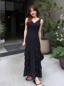 「rienda（リエンダ）のレースコンビフリルAラインワンピース　夏服（ワンピース、ブラック系）」を使った、riendaofficialさん（レディース・154cm）の夏コーディネート