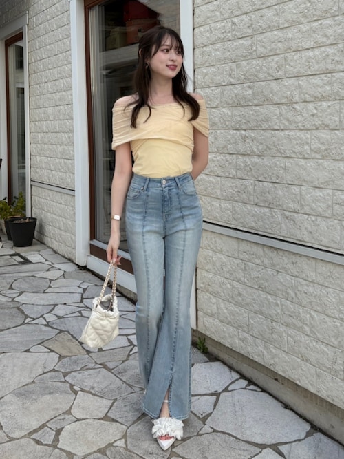 レースアップハイウエストデニムパンツ 春服（デニムパンツ）｜rienda
