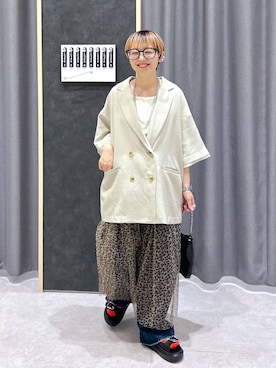 「LEPSIM（レプシィム）の《リネンライクドライシリーズ》ルーズ切り替え5分袖Wジャケット　639027（テーラードジャケット、ベージュ系）」を使った、miiisanさん（レディース・150cm）の春コーディネート