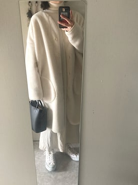 「オールホワイト」｜「アイテム（ノーカラーコート）」を使った、uさん（レディース・152cm）の冬コーディネート