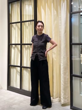 「Whim Gazette（ウィムガゼット）のリネンライクワイドパンツ（その他パンツ、ブラック系）」を使った、wgmatsuさん（レディース・165cm）の春コーディネート
