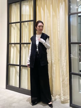 「Whim Gazette（ウィムガゼット）のリネンライクジレ（ベスト、ブラック系）」を使った、wgmatsuさん（レディース・165cm）の春コーディネート