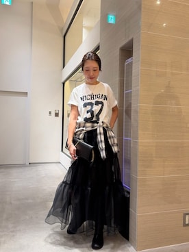 「Whim Gazette（ウィムガゼット）のフロントナンバーTシャツ（Tシャツ/カットソー、ホワイト系）」を使った、wgmatsuさん（レディース・165cm）の夏コーディネート