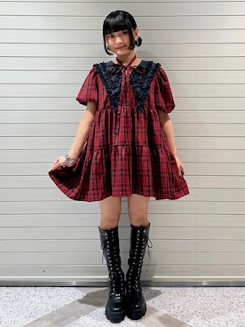 「jouetie（ジュエティ）のビッグカラーフレアミニワンピース チェック柄（ワンピース、レッド系）」を使った、YUZUさん（レディース・150cm）の春コーディネート