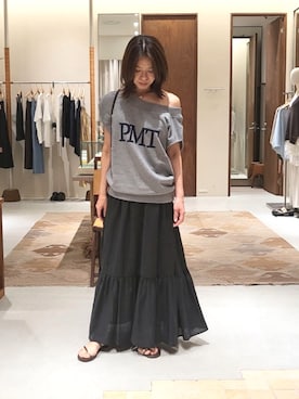 「GALLARDAGALANTE（ガリャルダガランテ）のオフショルスウェットTee（Tシャツ/カットソー、グレー系）」を使った、gg_youko_さん（レディース・158cm）の夏コーディネート