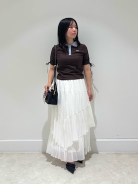 「JILL by JILL STUART（ジルバイジルスチュアート）のワッフルポロトップス（Tシャツ/カットソー、ブラウン系）」を使った、takeuchiさん（レディース・151cm）の夏コーディネート