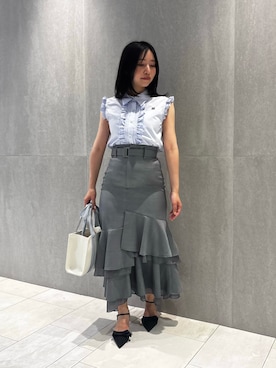 「JILL by JILL STUART（ジルバイジルスチュアート）のクロップドフリルブラウス（シャツ/ブラウス、ブルー系）」を使った、takeuchiさん（レディース・151cm）の夏コーディネート