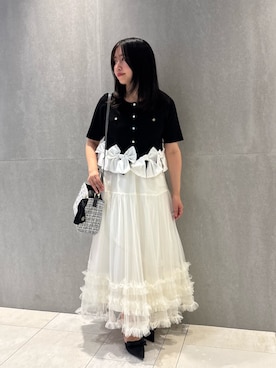 「JILL by JILL STUART（ジルバイジルスチュアート）の裾リボンカーディガン（ニット/セーター、ブラック系）」を使った、takeuchiさん（レディース・151cm）の夏コーディネート
