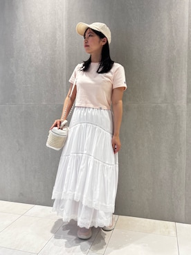 「JILL by JILL STUART（ジルバイジルスチュアート）のRussell Athletic別注Ｔシャツ（Tシャツ/カットソー、ピンク系）」を使った、takeuchiさん（レディース・151cm）の夏コーディネート