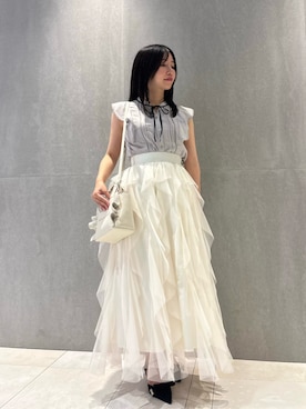 「JILL by JILL STUART（ジルバイジルスチュアート）のハシゴレースフリル袖ブラウス（シャツ/ブラウス、ブルー系）」を使った、takeuchiさん（レディース・151cm）の夏コーディネート