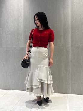 「JILL by JILL STUART（ジルバイジルスチュアート）の＜RIBBONシリーズ＞半袖ニットカーディガン（ニット/セーター、レッド系）」を使った、takeuchiさん（レディース・151cm）の夏コーディネート