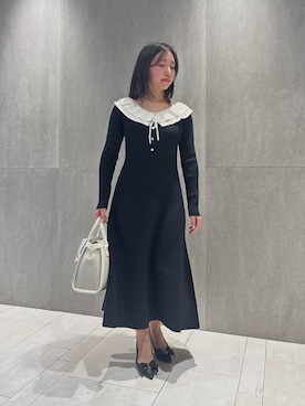 「JILL by JILL STUART（ジルバイジルスチュアート）の◇フリル襟バイカラーニットワンピース（ワンピース、ブラック系）」を使った、takeuchiさん（レディース・151cm）の夏コーディネート