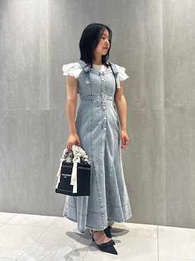 「JILL by JILL STUART（ジルバイジルスチュアート）の肩リボンデニムジャンスカ（ワンピース、ブルー系）」を使った、takeuchiさん（レディース・151cm）の夏コーディネート
