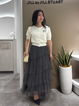 「JILL by JILL STUART（ジルバイジルスチュアート）の＜RIBBONシリーズ＞半袖ニットカーディガン（ニット/セーター、ホワイト系）」を使った、takeuchiさん（レディース・151cm）の夏コーディネート