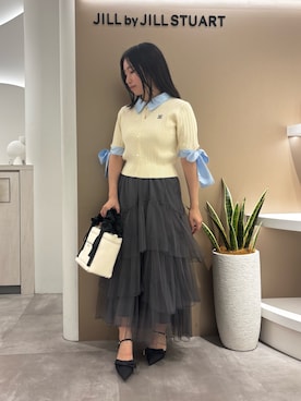 「JILL by JILL STUART（ジルバイジルスチュアート）の袖リボンケーブルカーディガン半袖（ニット/セーター、ホワイト系）」を使った、takeuchiさん（レディース・151cm）の夏コーディネート