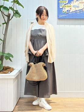 「Dessin（デッサン）の【洗える】ミドル丈シアーカーディガン（カーディガン/ボレロ、ベージュ系）」を使った、msatoさん（レディース・155cm）の春コーディネート